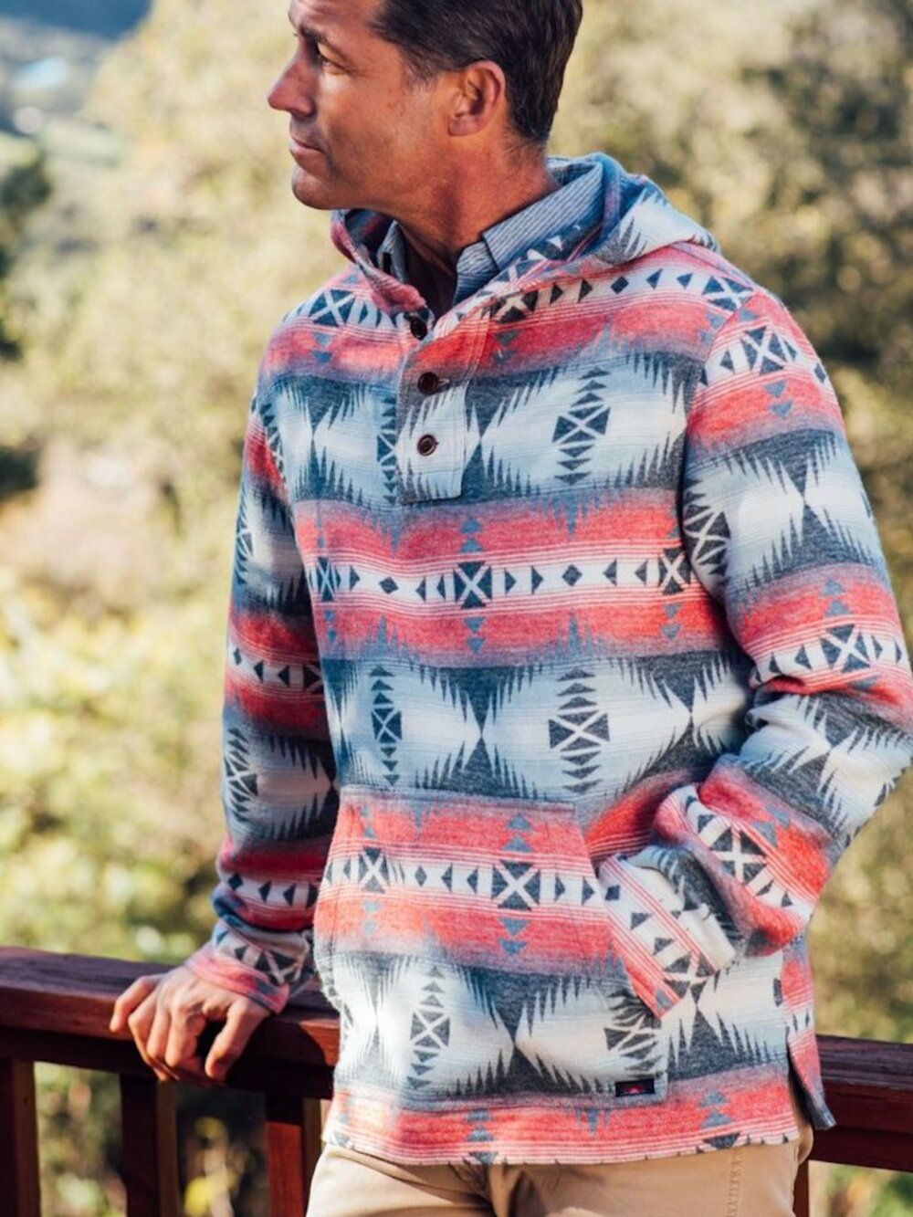 Faherty Pacific Poncho Hooded Pullover Mens S Three Button Colorado Jewel Geomet